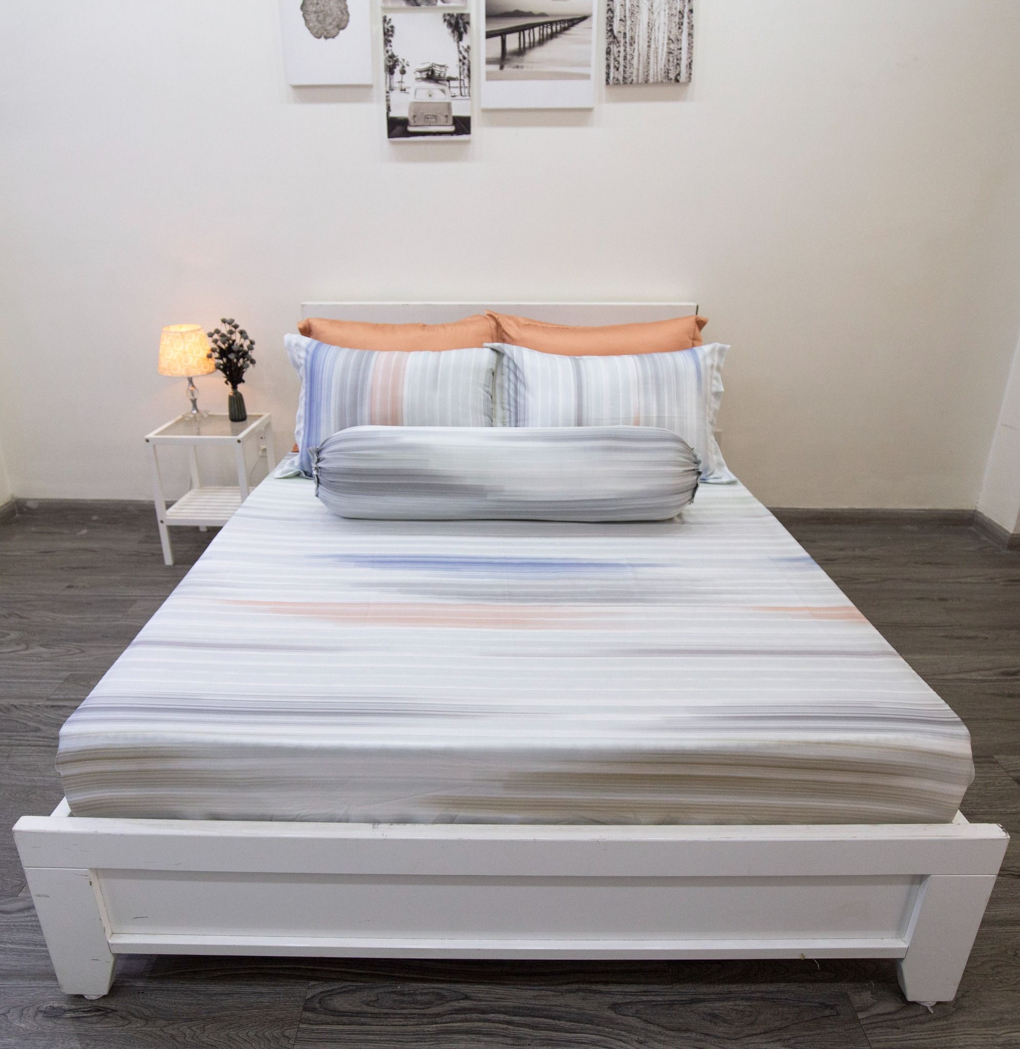  Bộ chăn ga gối Ngọc Hạnh Tencel lụa sọc nhuyễn xám - Ngọc Hạnh Tencel 