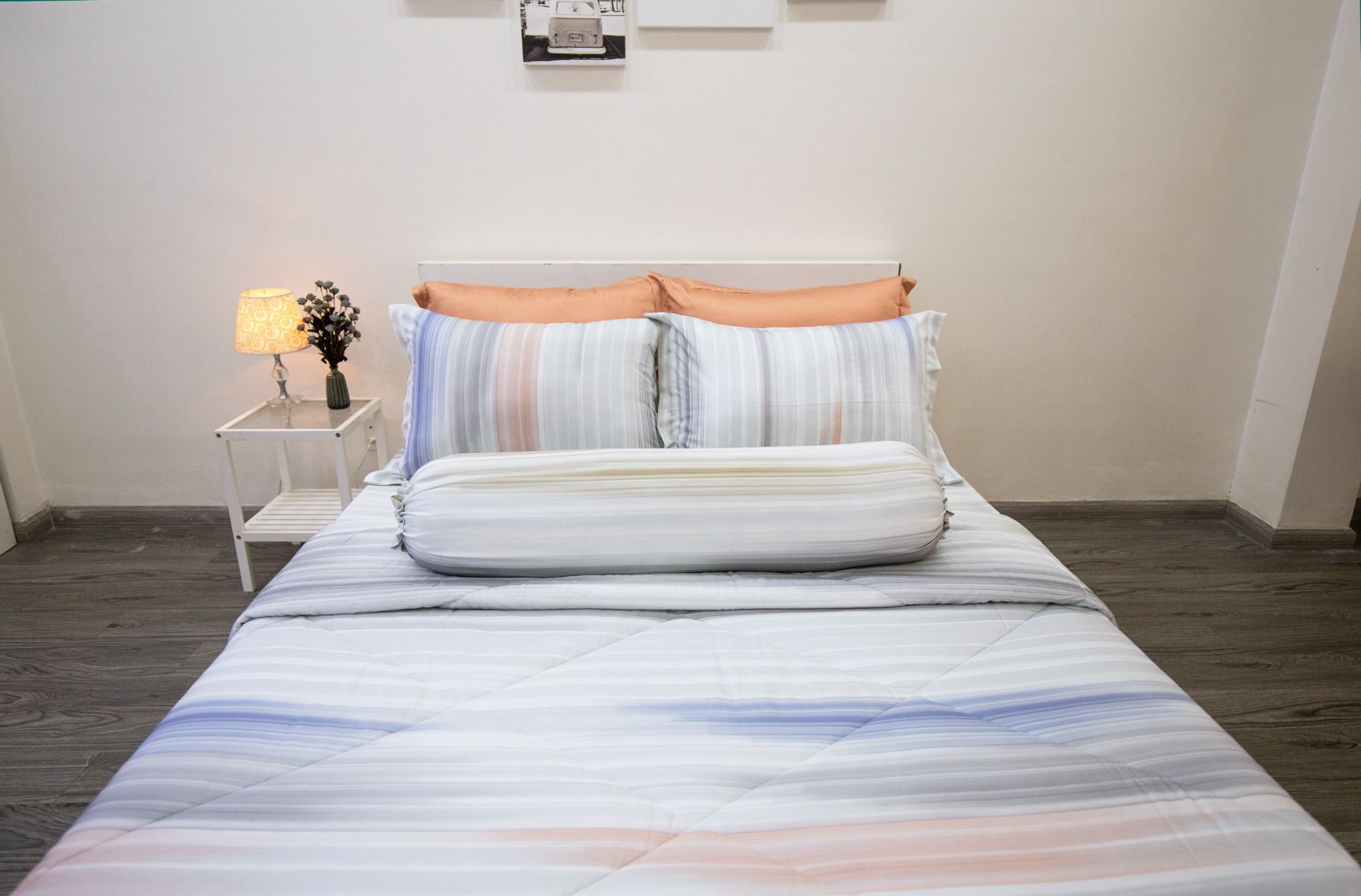 Bộ chăn ga gối Ngọc Hạnh Tencel lụa sọc nhuyễn xám - Ngọc Hạnh Tencel 