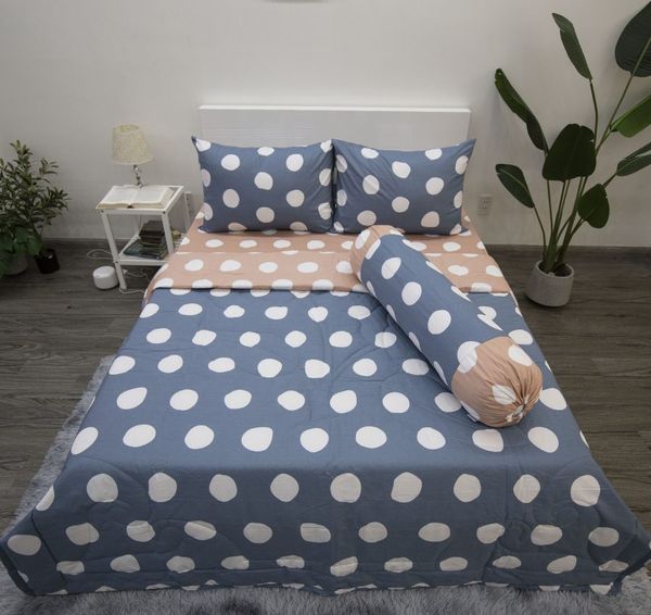 BỘ DRAP GIƯỜNG COTTON CM CHẤM BI XANH PHỐI HỒNG - NGỌC HẠNH BEDDING