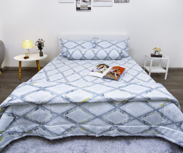 Bộ drap giường tencel lụa Hoạ Tiết Lục Giác Xanh