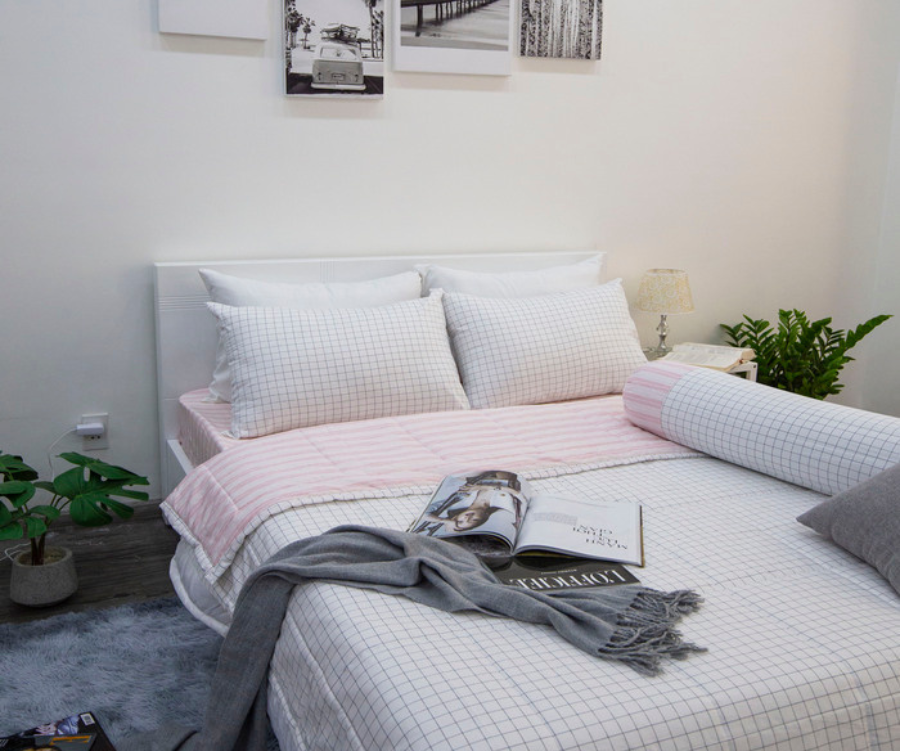  BỘ CHĂN GA COTTON CM CARO TRẮNG HỒNG - NGỌC HẠNH BEDDING 