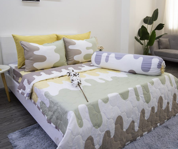 BỘ DRAP GIƯỜNG COTTON CM GỢN SÓNG XANH VÀNG - NGỌC HẠNH BEDDING