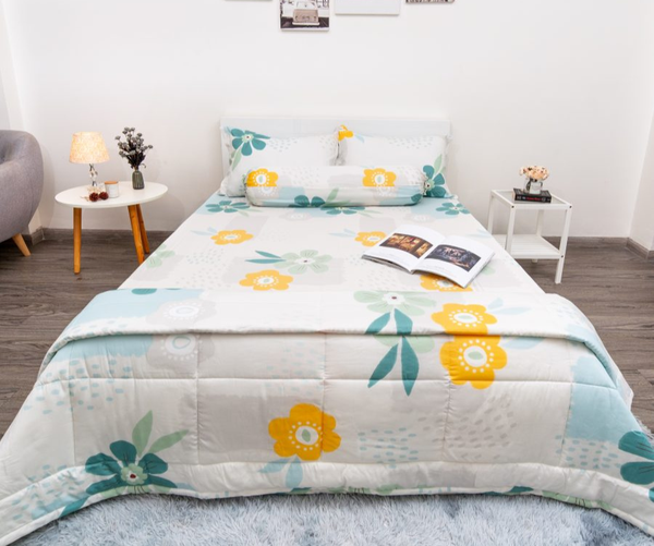 Bộ Chăn Ga tencel lụa hoa mai vàng xanh - Ngọc Hạnh Bedding