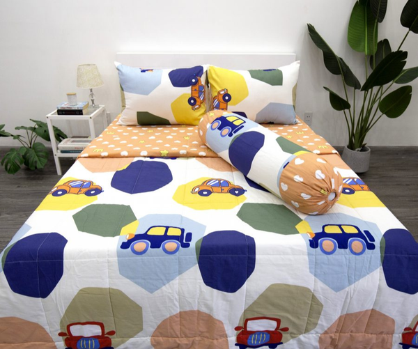 BỘ DRAP GIƯỜNG COTTON CM HOẠ TIẾT XE HƠI - NGỌC HẠNH BEDDING