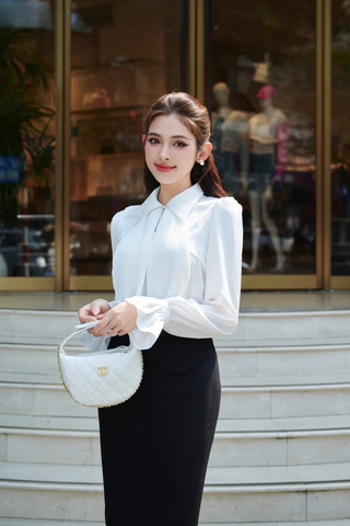 Áo sơ mi lụa hàn phối dây dập sóng