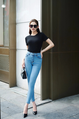 Áo thun gân nữ tay ngắn cổ tròn