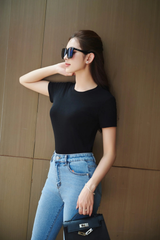 Áo thun gân nữ tay ngắn cổ tròn