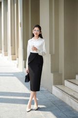Chân váy bút chì vạt bèo cách điệu 2 lớp
