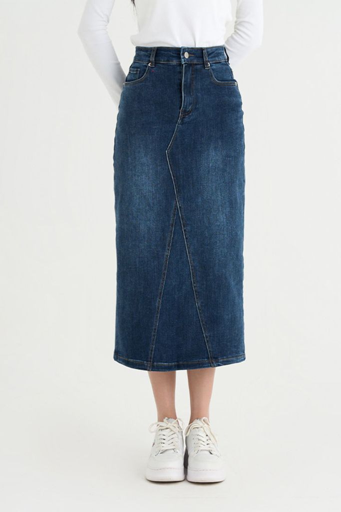 Chân váy Jeans dài dáng suông CHENMAC co giãn, xẻ sau, tôn dáng, thoải mái