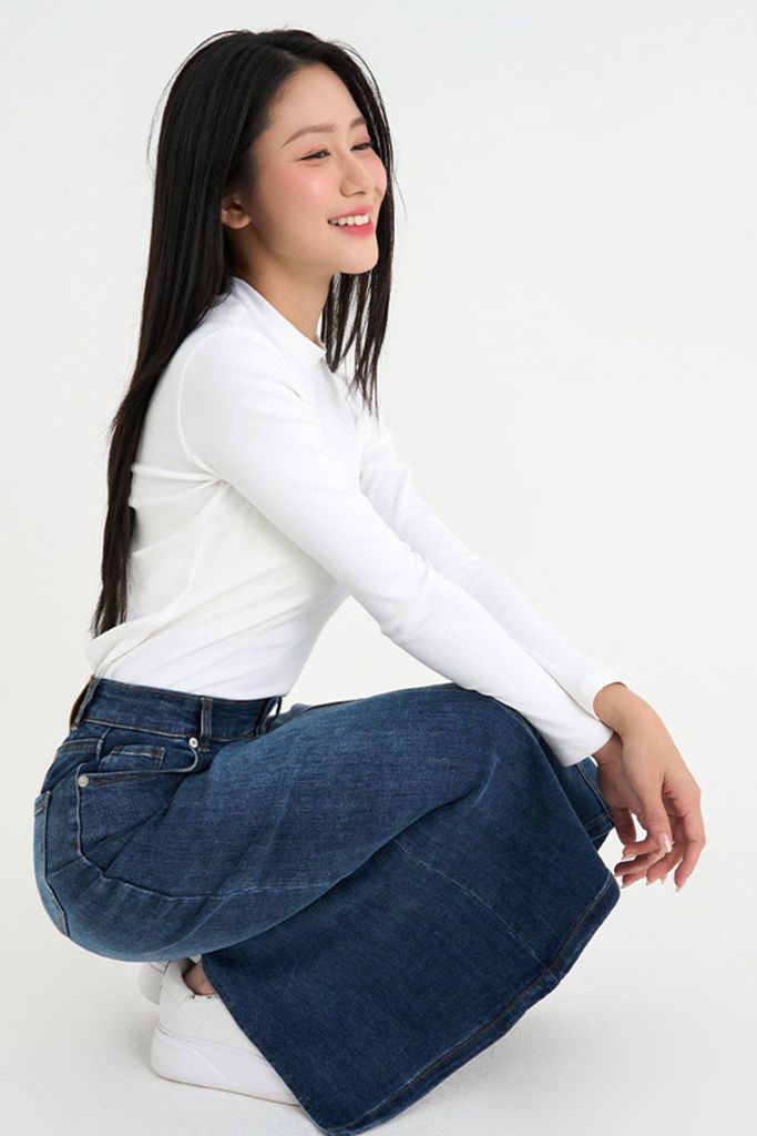 Chân váy Jeans dài dáng suông CHENMAC co giãn, xẻ sau, tôn dáng, thoải mái