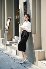 Chân váy bút chì vạt bèo cách điệu 2 lớp