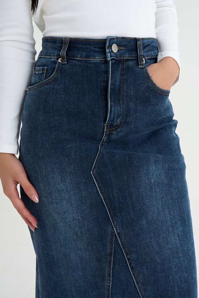 Chân váy Jeans dài dáng suông CHENMAC co giãn, xẻ sau, tôn dáng, thoải mái