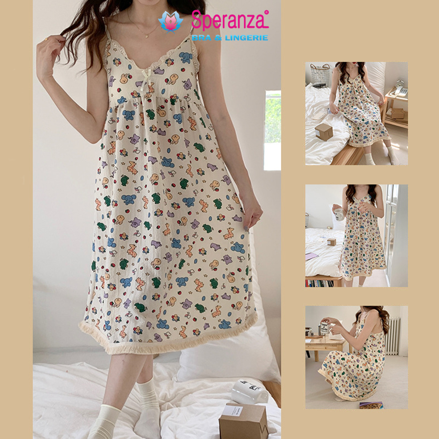 Váy Mặc Nhà Dáng Rộng Nữ – Chất Cotton Mềm, Có Lót Ngực, Dáng Suông Dễ Thương Mặc Nhà - SPD007SH