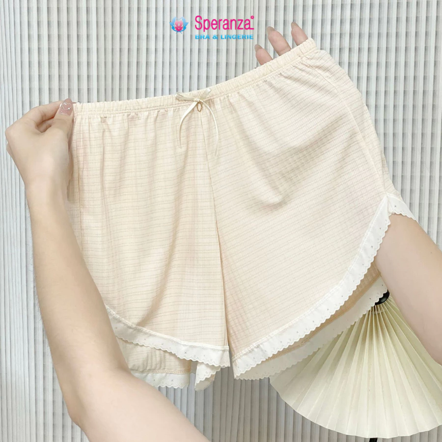 Quần Short Mặc Nhà Nữ Speranza, Dáng Rộng Mềm Mát Lưng Thun Co Giãn, Cotton Caro Viền Ren – SPQ0437