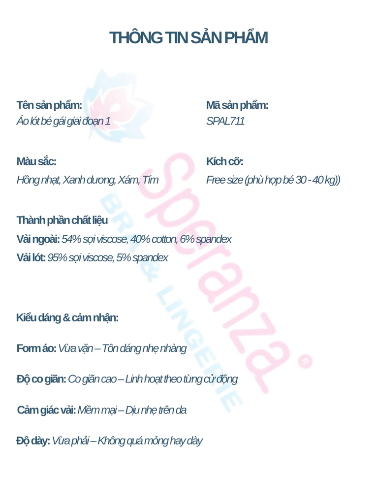 Áo lót 2 dây bé gái Speranza | Áo lót không gọng, mềm mại, thoáng khí, chống lộ, SPAL711SH