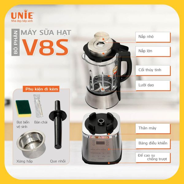 Máy xay sữa hạt, máy nấu sữa hạt Unie V8s, công suất 1800W, dung tích 1.75L, bảo hành 24 tháng