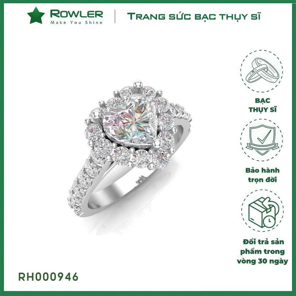 Nhẫn bạc Thụy Sĩ đính full đá Moissanite tim 7.0ly _ROWLER RH000946