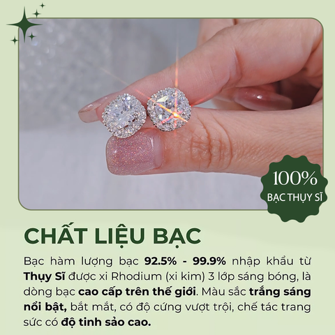 Bông tai bạc Thụy Sỹ  đính full đá Moissanite vuông cushion cut 6.5ly- ROWLER