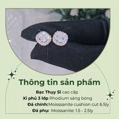 Bông tai bạc Thụy Sỹ  đính full đá Moissanite vuông cushion cut 6.5ly- ROWLER