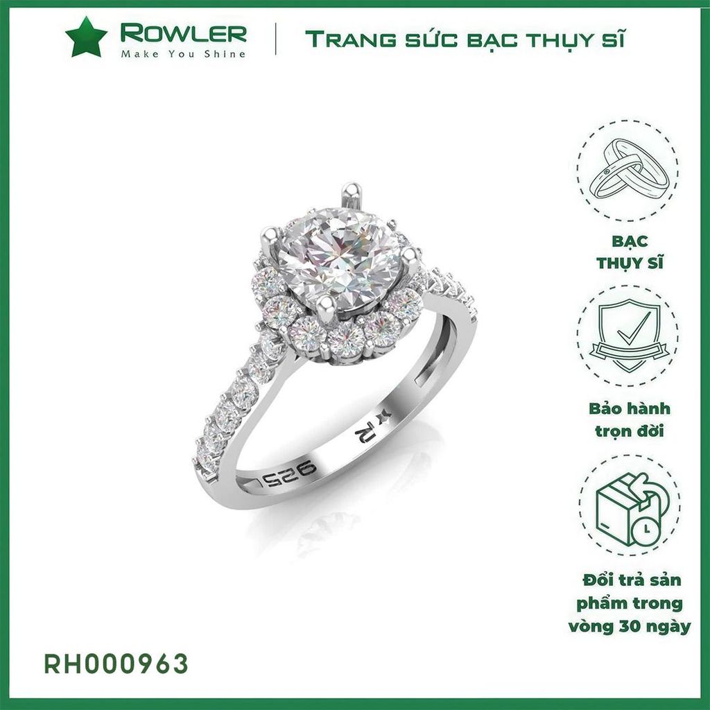 Nhẫn bạc Thụy Sỹ đính full đá Moissanite viên chủ tròn 6.0ly- Trang sức bạc chính hãng_ROWLER RH000963