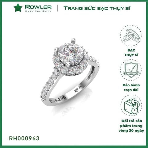 Nhẫn bạc Thụy Sỹ đính full đá Moissanite viên chủ tròn 6.0ly- Trang sức bạc chính hãng_ROWLER
