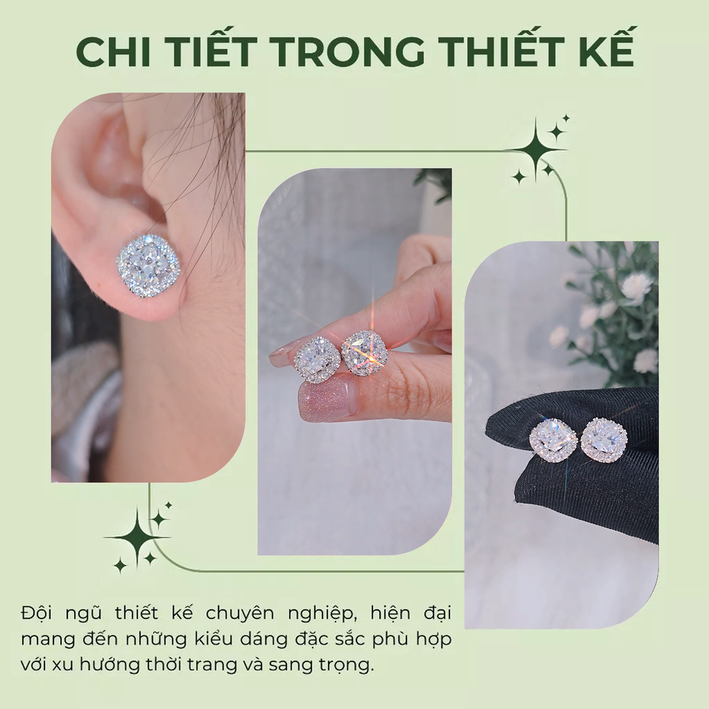 Bông tai bạc Thụy Sỹ  đính full đá Moissanite vuông cushion cut 6.5ly- ROWLER