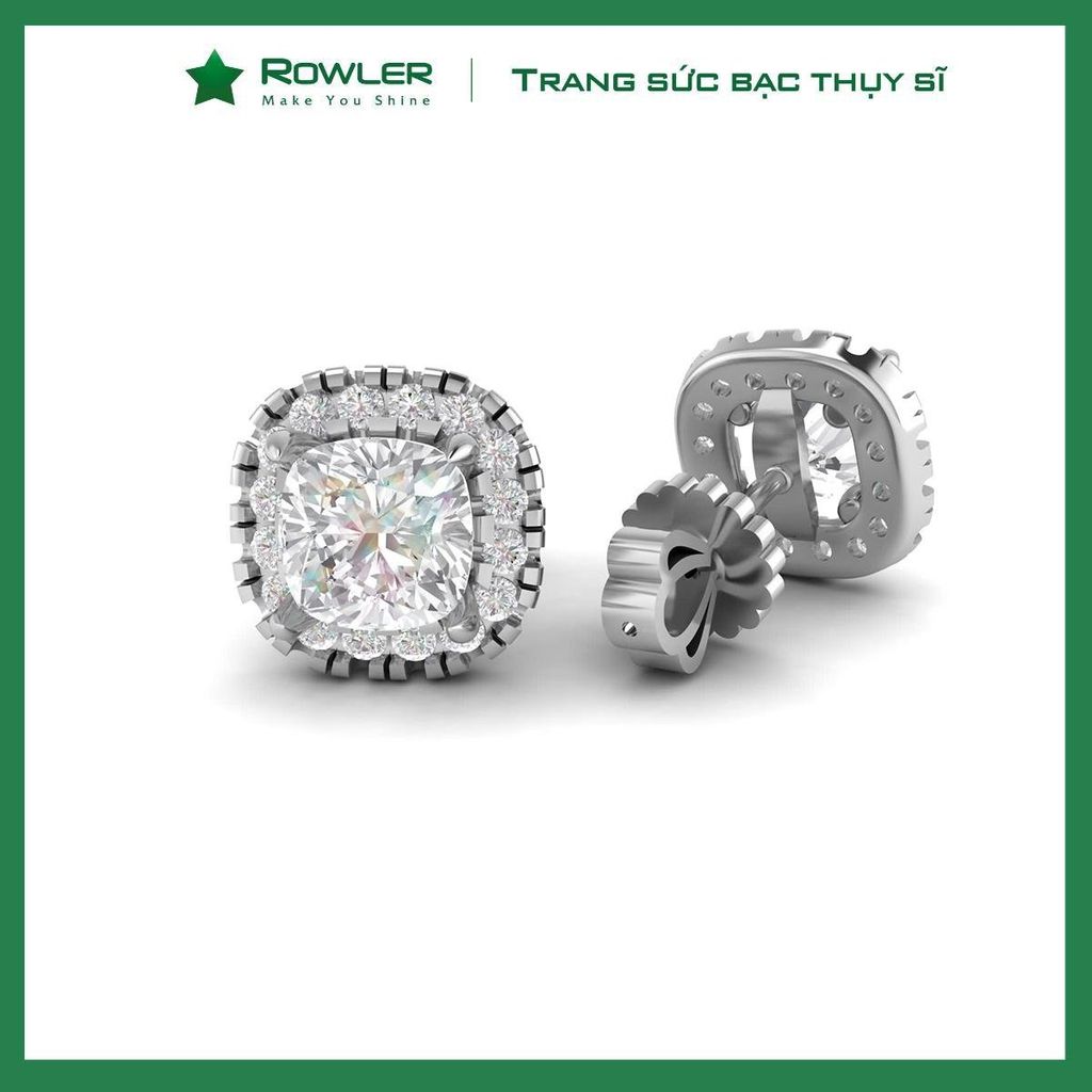 Bông tai bạc Thụy Sỹ  đính full đá Moissanite vuông cushion cut 6.5ly- ROWLER