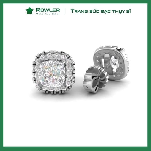 Bông tai bạc Thụy Sỹ  đính full đá Moissanite vuông cushion cut 6.5ly- ROWLER