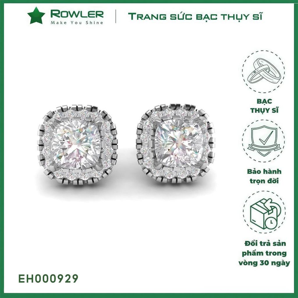 Bông tai bạc Thụy Sỹ  đính full đá Moissanite vuông cushion cut 6.5ly- ROWLER