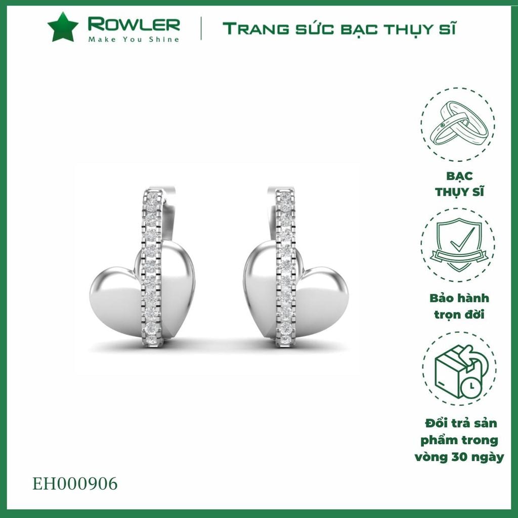 Bông tai nữ bạc Thụy Sĩ hình trái tim khóa bật đính đá Moissanite ROWLER EH000906