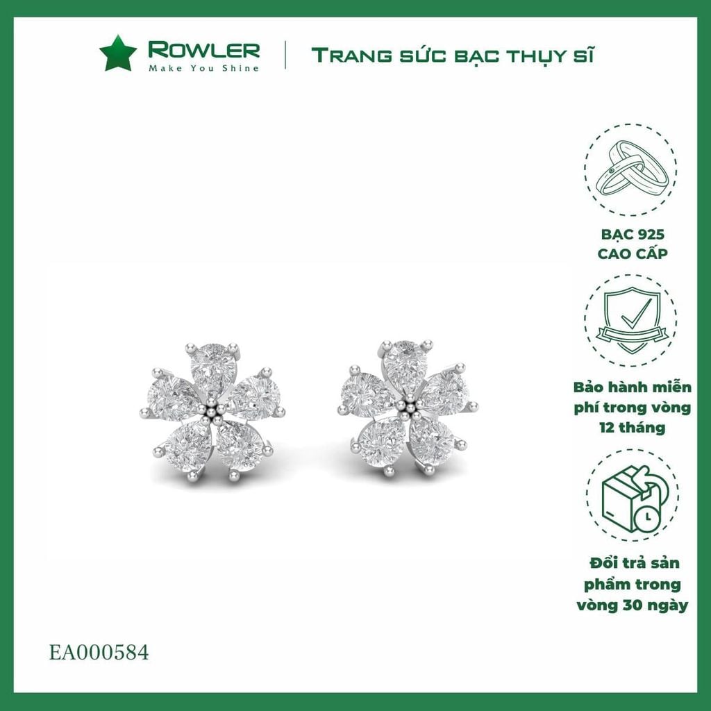 Bông tai bạc nữ 925 hình hoa cúc đính đá Cubic Zirconia ROWLER EA000584
