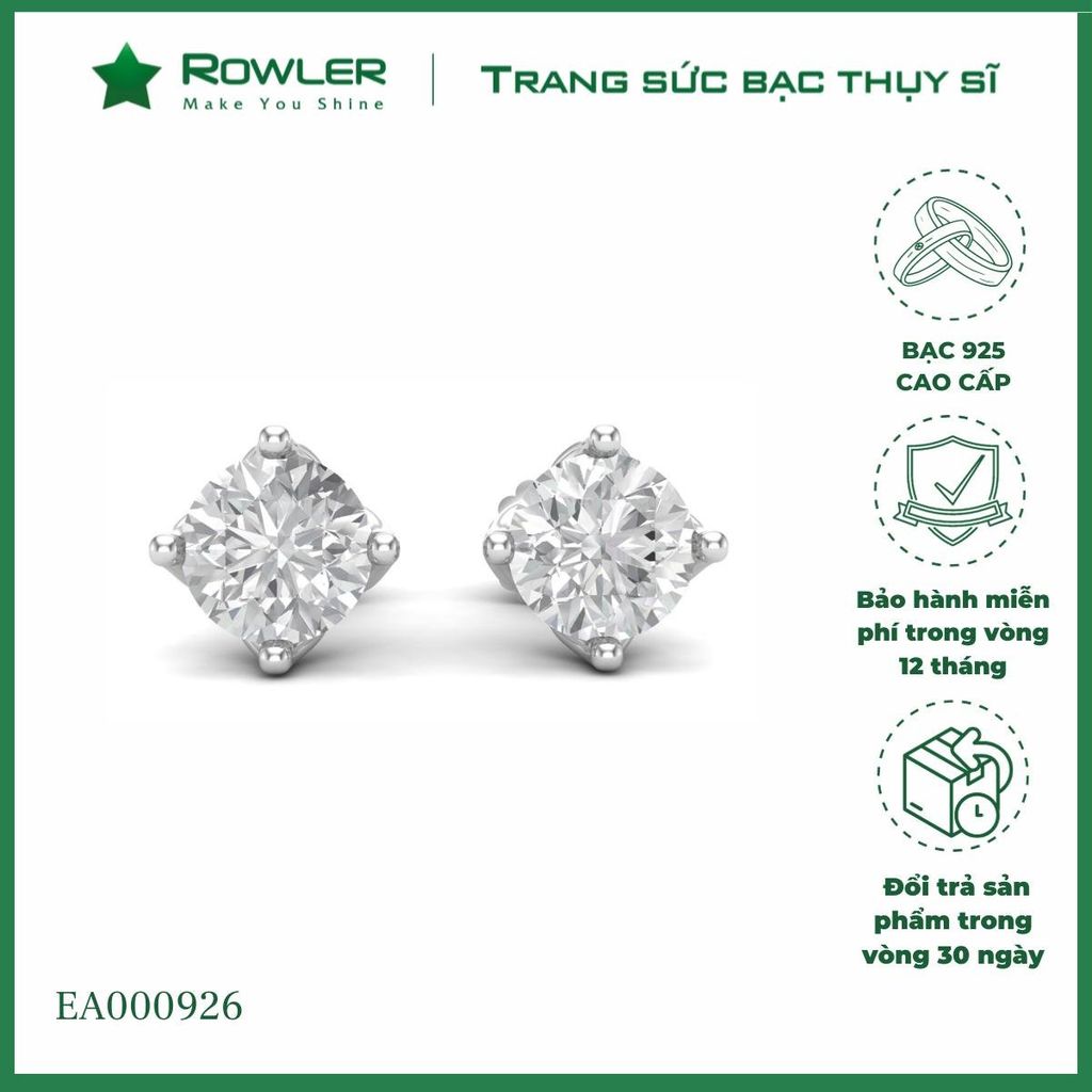 Bông tai bạc 925 4 chấu đính đá Cubic Zirconia 6.0ly ROWLER EA000926
