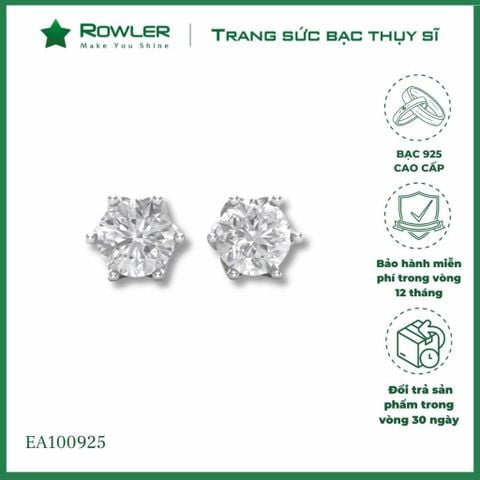 Bông tai bạc nữ 925 ôm 6 chấu đính đá Cubic Zirconia 5.0ly ROWLER EA100925