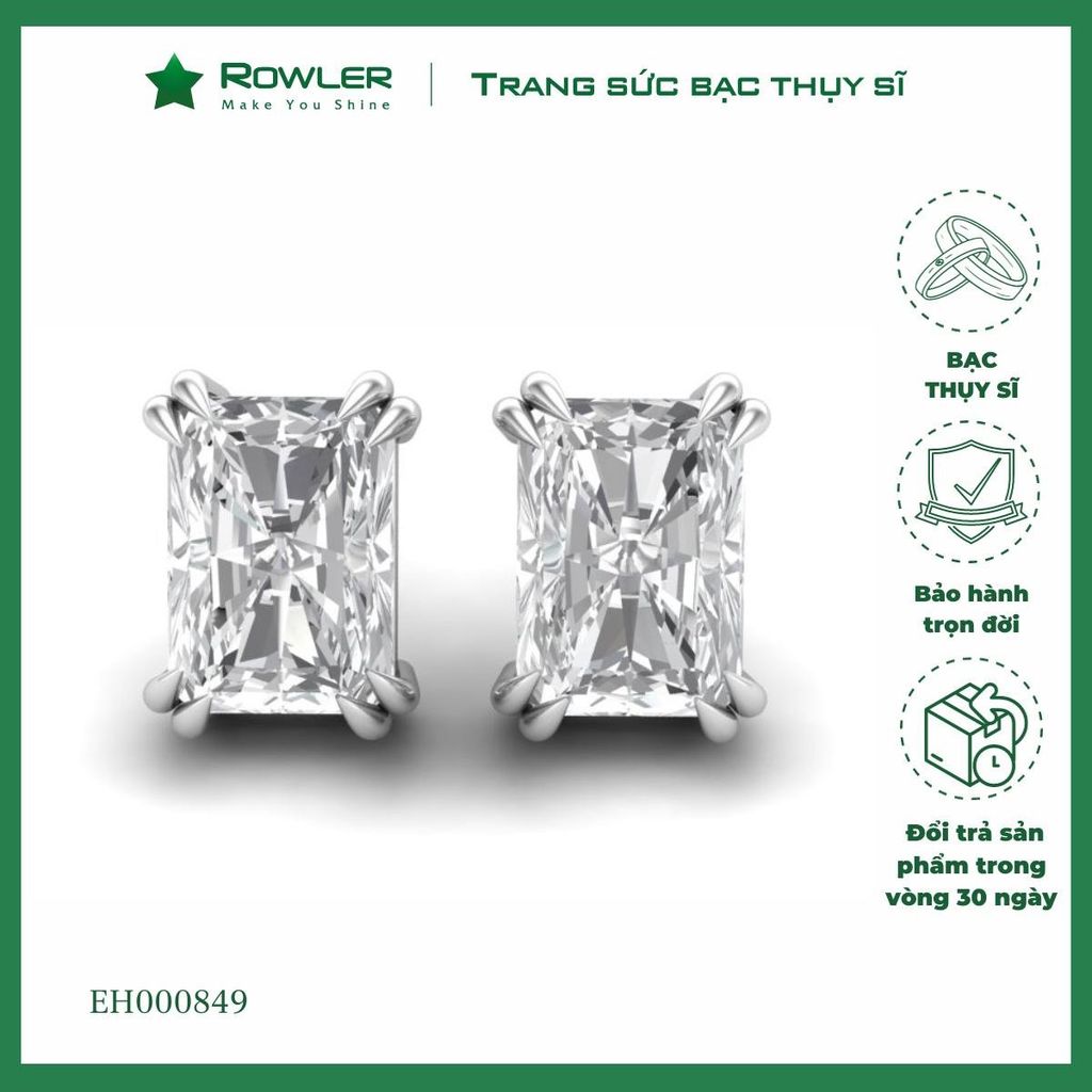 Bông tai bạc nữ đính đá Moissanite chữ nhật ROWLER EH000849