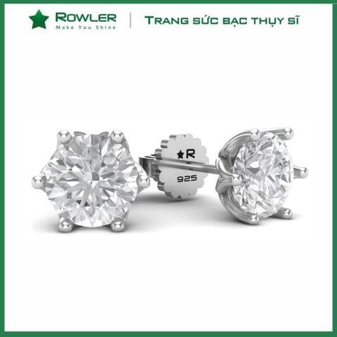 Bông tai bạc nữ Thụy Sĩ 6 chấu đính đá Moissanite 7.0 ly ROWLER EH000850