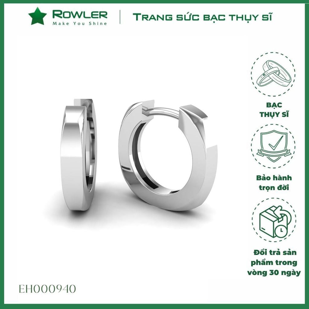 Bông tai bạc Thụy Sĩ khoen tròn giác cạnh khóa bật ROWLER EH000940