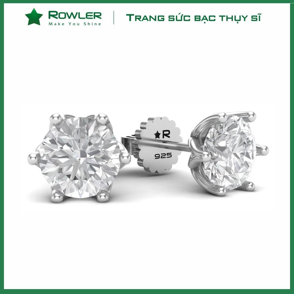 Bông tai bạc nữ Thụy Sĩ 6 chấu đính đá Moissanite 5.0 ly ROWLER EH100850