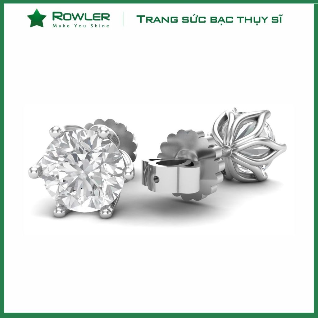 Bông tai bạc nữ Thụy Sĩ 6 chấu đính đá Moissanite 5.0 ly ROWLER EH100850