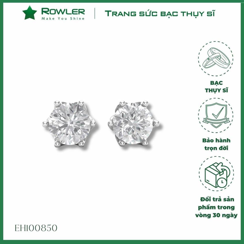 Bông tai bạc nữ Thụy Sĩ 6 chấu đính đá Moissanite 5.0 ly ROWLER EH100850