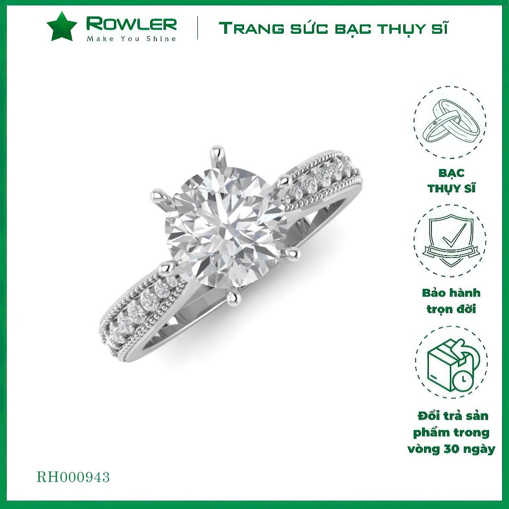 Nhẫn bạc Thụy Sỹ 6 chấu đá Moissanite 6.0ly sáng lấp lánh ROWLER RH000943