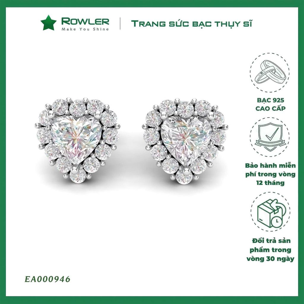 Bông tai trái tim bạc 925  đính đá Cubic Zirconia 5A tim 5.0ly ROWLER EA000946