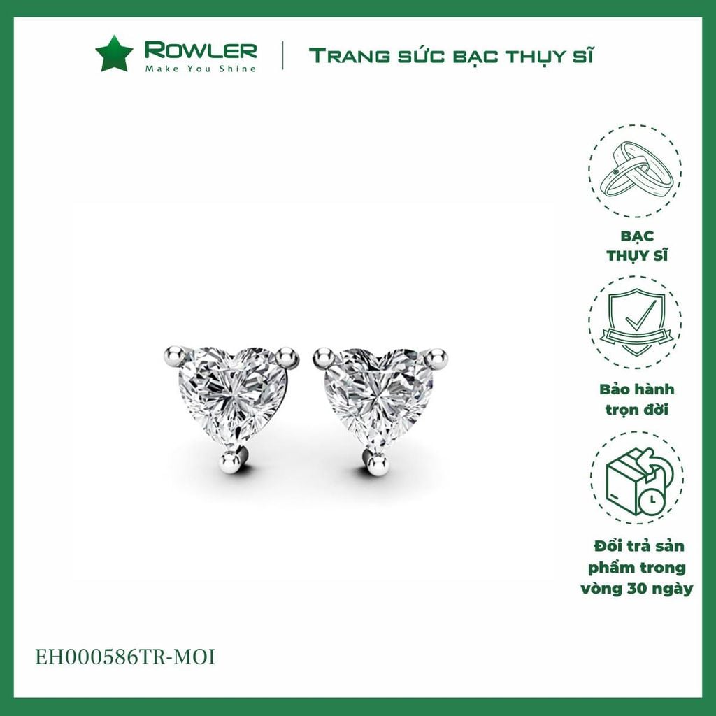 Bông tai bạc nữ Thụy Sĩ đính đá Moissanite trái tim 5ly ROWLER EH000586TR-MOI