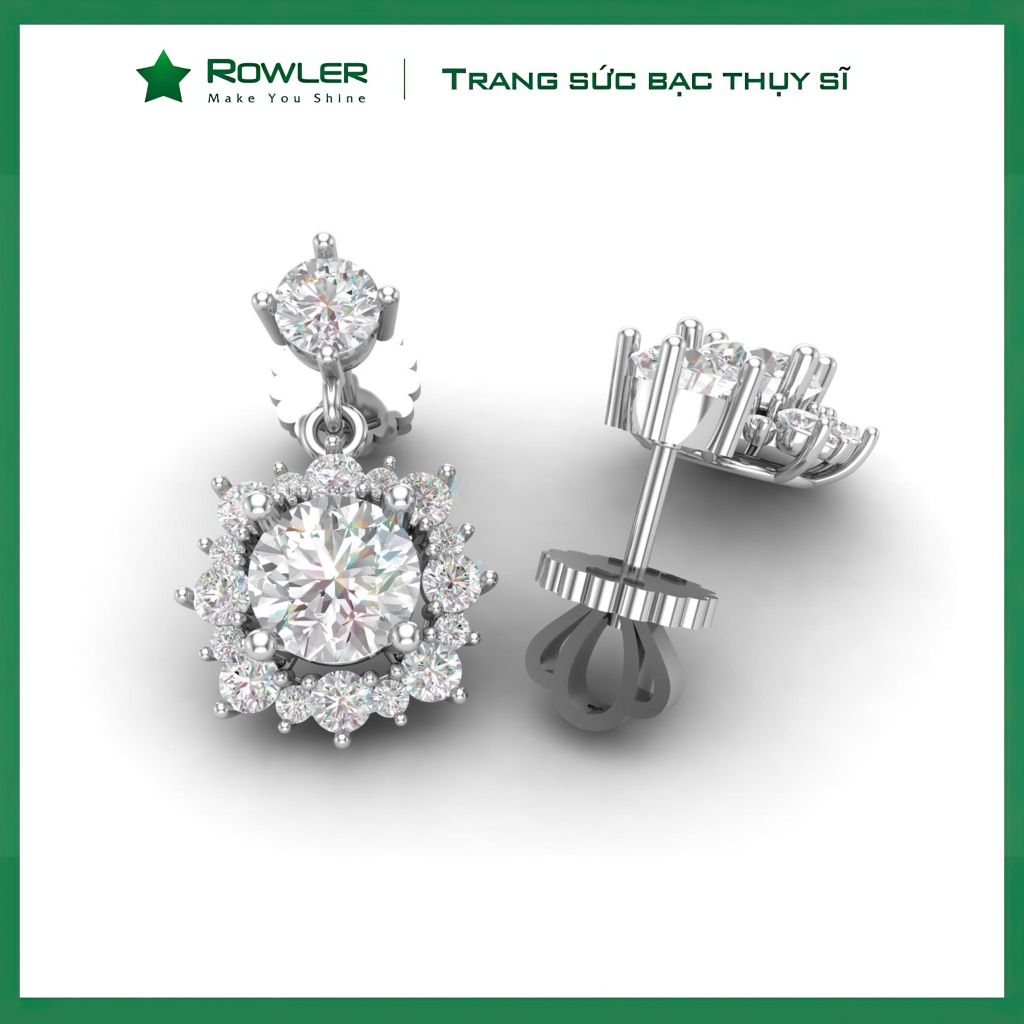 Bông tai bạc nữ Thụy Sĩ đính đá Moissanite 6.0ly ROWLER EH000632