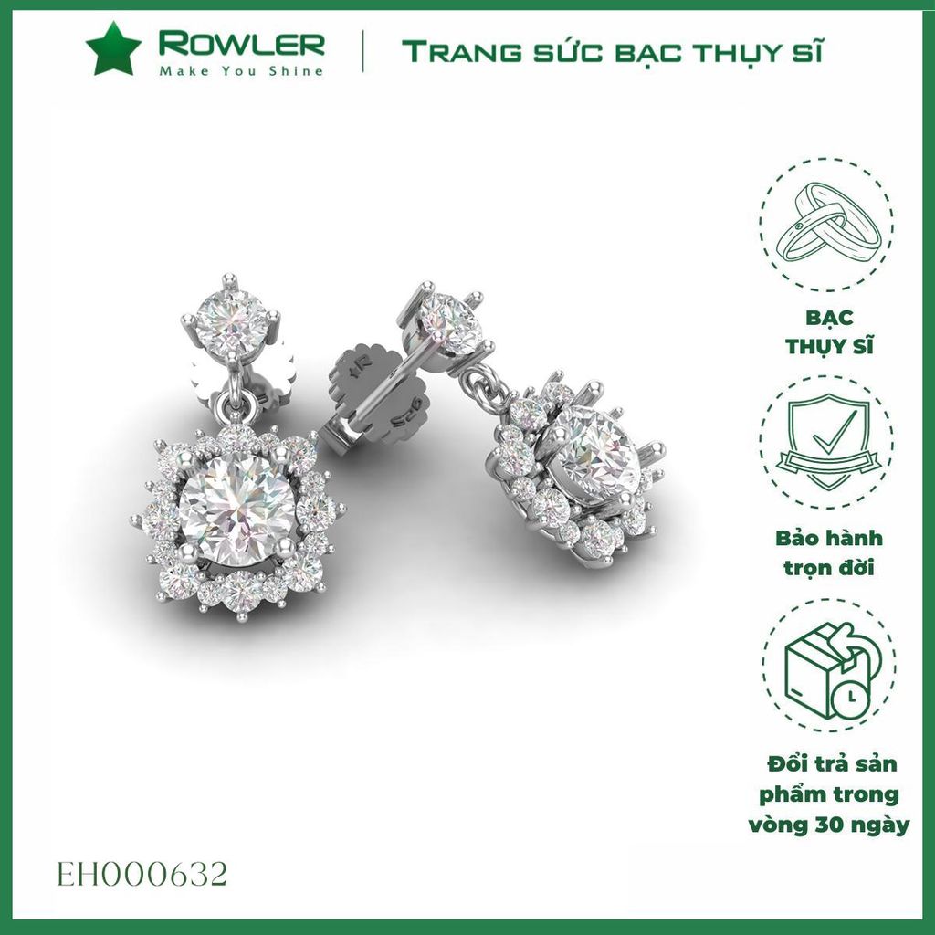 Bông tai bạc nữ Thụy Sĩ đính đá Moissanite 6.0ly ROWLER EH000632