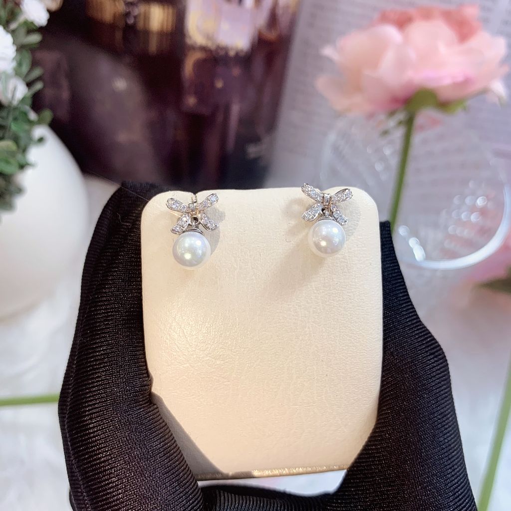 Bông tai bạc nữ đính ngọc trai và đá Moissanite ROWLER EH000642