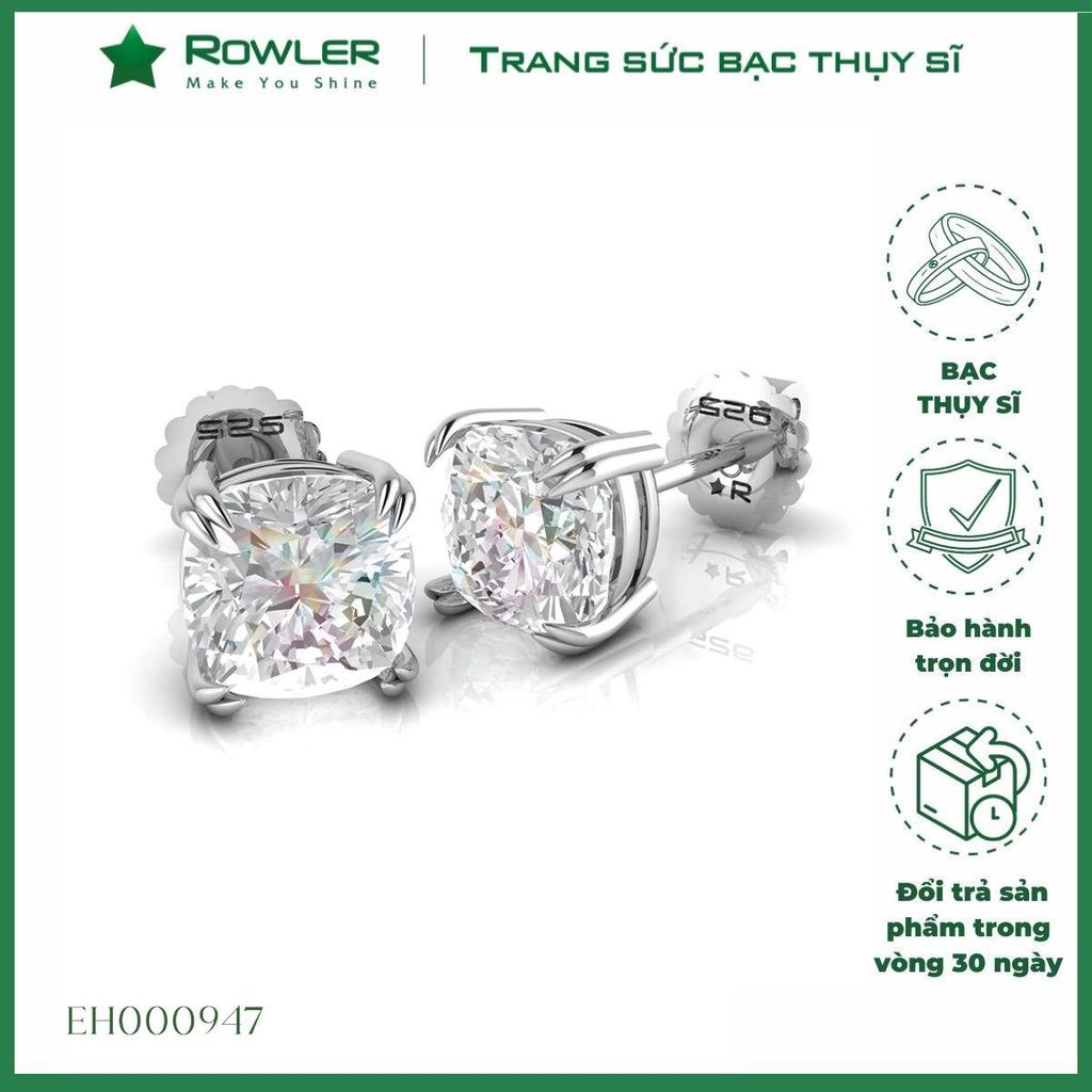 Bông tai bạc nữ đính đá Moissanite vuông cushion cut 6.5ly ROWLER EH000947