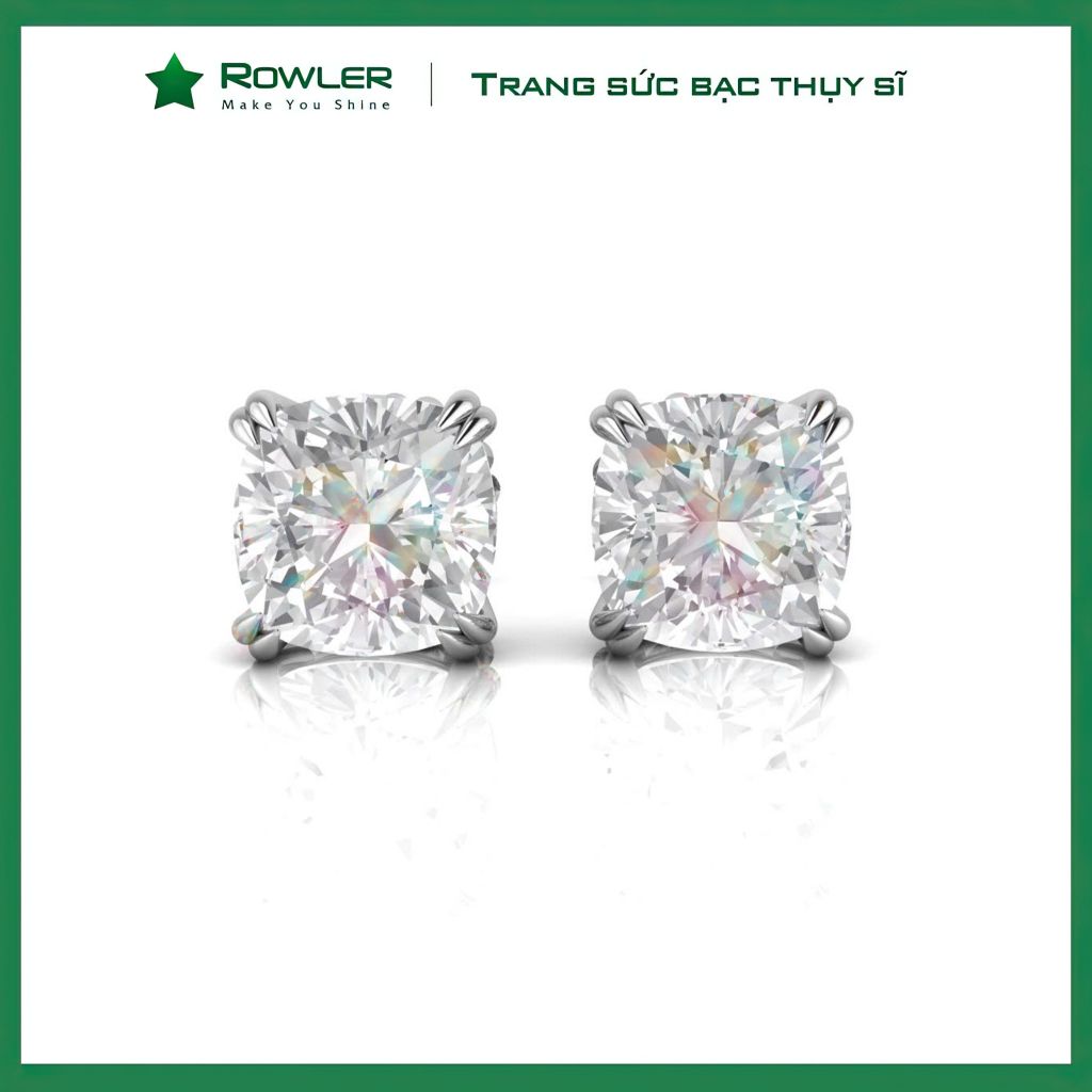 Bông tai bạc nữ đính đá Moissanite vuông cushion cut 6.5ly ROWLER EH000947