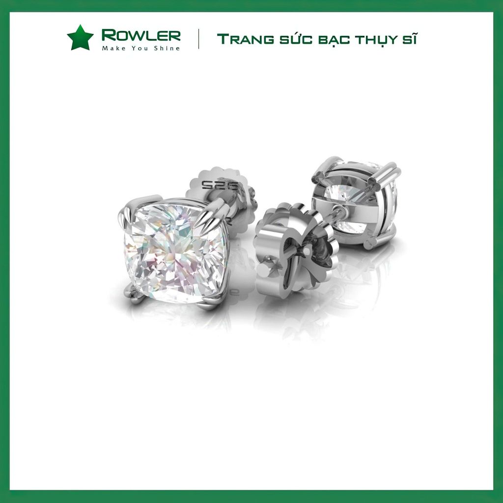 Bông tai bạc nữ đính đá Moissanite vuông cushion cut 6.5ly ROWLER EH000947