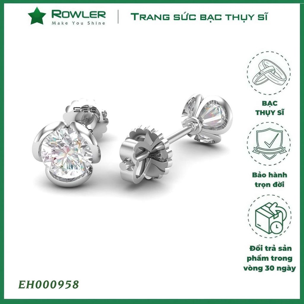 Bông tai bạc nữ Thụy Sĩ 3 chấu đế hoa đá Moissanite 5.0 ly ROWLER EH000958