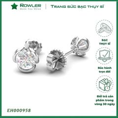 Bông tai bạc nữ Thụy Sĩ 3 chấu đế hoa đá Moissanite 5.0 ly ROWLER EH000958